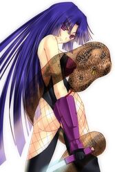  arc_system_works ass back bare_shoulders bodysuit breasts chaos_code female fishnet fishnets fk_digital from_behind frown gauntlet gauntlets kagari_(chaos_code) large_breasts long_hair looking_at_viewer purple_eyes purple_hair reverse_grip see-through shiny shiny_skin sideboob single_glove snake sword turning_head weapon 