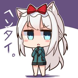  alternate_costume animal_ears azur_lane blue_eyes blush cat_ears chibi commentary_request cosplay eromanga_sensei female grey_hair half_updo hammann_(azur_lane) hana_kazari izumi_sagiri izumi_sagiri_(cosplay) jacket jitome long_hair looking_at_viewer oerba_yun_fang open_mouth simple_background sleeves_past_wrists solo translation_request v-shaped_eyebrows white_background white_hair 