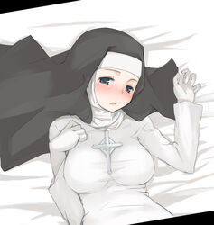  blue_eyes blush breasts commentary_request female gloves habit large_breasts lying megane_chuu nun on_back orsola_aquinas smile solo toaru_majutsu_no_index 