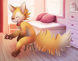  2015 anthro b-ern bedroom canid canine closed_eyes collar fox fur male mammal nude orange_body orange_fur solo 