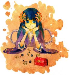  bad_id bad_pixiv_id blue_eyes blue_hair box chiyo_(fragile) female flower fragile:_sayonara_tsuki_no_haikyo hair_flower hair_ornament japanese_clothes long_hair marble_(toy) solo traditional_media treasure_chest triangle_lunch 