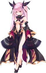  butterfly_hair_ornament center_opening detached_sleeves dress dual_wielding dungeon_travelers_2 female full_body hair_ornament hand_fan highres holding holding_fan jitome lilian_craper long_hair navel official_art pink_hair plunging_neckline red_eyes sideless_outfit solo standing strapless strapless_dress sumaki_shungo transparent_background twintails wide_sleeves 