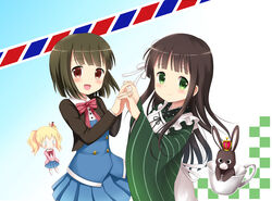  0_0 3girls alice_cartelet ama_usa_an_uniform anko_(gochiusa) black_hair blonde_hair blue_eyes brown_eyes brown_hair commentary_request company_connection crossover crown cup gochuumon_wa_usagi_desu_ka? green_eyes green_hair highres holding_hands interlocked_fingers kin-iro_mosaic long_hair manga_time_kirara moegi_high_school_uniform mug multiple_girls oomiya_shinobu photoshop_(medium) rabbit school_uniform short_hair short_twintails teacup twintails ujimatsu_chiya yuyumi_(yuurei) 