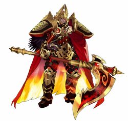  1boy armor beard black_armor black_sclera cape colored_sclera facial_hair fake_horns feathers fire fire_emblem fire_emblem_heroes gem glowing gold_armor greaves helmet horned_helmet horns lava maeshima_shigeki male_focus official_art orange_hair red_cape red_eyes scar scar_across_eye scar_on_face scythe sinmara_(fire_emblem) strap surtr_(fire_emblem) 