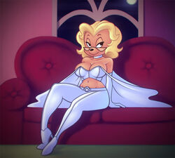  anthro armwear avoid_posting black_nose blonde_hair breasts cleavage clothed clothing cosplay disney elbow_gloves emma_frost eyewear female footwear glasses gloves goof_troop hair handwear inside marvel ms._pennypacker night nitro shoes sitting smile solo x-men 