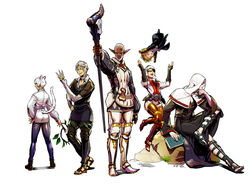  animal_ears book cat_ears cat_tail final_fantasy final_fantasy_xiv greaves highres louisoix_leveilleur menskan multiple_boys multiple_girls papalymo pointy_ears rock sandals staff tail thancred urianger_augurelt white_background y&#039;shtola yda_(ff14) yda_(final_fantasy_xiv) 