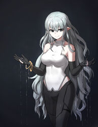  absurdres bare_shoulders black_background black_eyes black_gloves black_hair black_pants bracelet breasts dripping dungbae elbow_gloves elf female gloves grey_hair halterneck highres jewelry long_hair looking_at_viewer medium_breasts no_panties pants partly_fingerless_gloves pointy_ears smile solo very_long_hair water 