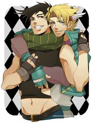  2boys antemeridian argyle_background bad_id bad_pixiv_id battle_tendency black_hair blonde_hair blue_eyes blue_jacket caesar_anthonio_zeppeli crop_top facial_mark fingerless_gloves gloves green_eyes groin head_wings headband hug hug_from_behind jacket jojo_no_kimyou_na_bouken joseph_joestar joseph_joestar_(young) midriff multiple_boys navel scarf watermark web_address wings 