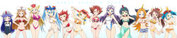  6+girls absurdres bara-tan bikini bikini_shorts blonde_hair blue_hair blunt_bangs brown_hair character_request commentary_request competition_swimsuit everyone gai-chan gecchan go-chan gre-chan grenda-san hair_between_eyes highres jeeg-san kumamaru long_hair multiple_girls oerba_yun_fang one-piece_swimsuit orange_hair poses_oii_(robot_girls_z) purple_hair red_hair robot_girls_z sarong school_swimsuit short_hair shorts swimsuit wide_image z-chan 