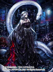  albino animal bare_shoulders black_dress black_gloves commentary_request copyright_name dress elbow_gloves female giant_snake gloves jewelry last_chronicle lolita_fashion long_hair moon moonlight necklace official_art oversized_animal pale_skin photoshop_(medium) pile_of_skulls skull snake solo tana_(garyuh-chitai) very_long_hair watermark white_hair window 