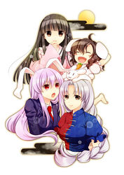  4girls absurdres ahoge animal_ears bad_id bad_pixiv_id black_eyes black_hair blazer braid full_moon fuusha grey_hair highres houraisan_kaguya inaba_mob_(touhou) inaba_tewi jacket long_hair moon multiple_girls necktie purple_hair rabbit rabbit_ears red_eyes reisen_udongein_inaba short_hair simple_background smile touhou upper_body very_long_hair yagokoro_eirin 