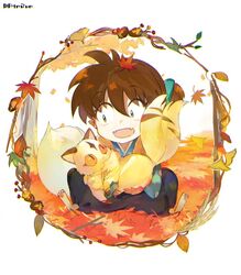  1boy :d atsumi_jun autumn_leaves brown_hair commentary_request creature day fangs food fox_tail framed hair_between_eyes holding inuyasha kirara_(inuyasha) leaf leaf_on_head lolicon long_hair long_sleeves looking_at_another male_focus maple_leaf open_mouth outdoors pointy_ears ponytail sanpaku shippou_(inuyasha) slit_pupils smile squatting tail tree wagashi 