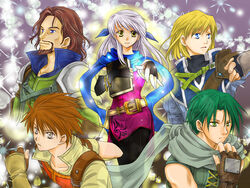  4boys armor bangle bare_shoulders beard black_gloves black_pantyhose blonde_hair blue_eyes blue_scarf book bracelet brown_hair coat commentary_request dress edward_(fire_emblem) elbow_gloves facial_hair female fingerless_gloves fire_emblem fire_emblem:_radiant_dawn gloves green_eyes green_hair grey_eyes grey_hair hair_ribbon half_updo holding holding_book hugging_book hugging_object jewelry leonardo_(fire_emblem) long_hair micaiah_(fire_emblem) multiple_boys nolan_(fire_emblem) osakabe_yanagi pantyhose ribbon scarf side_slit sleeveless sleeveless_dress smile solo_focus sothe_(fire_emblem) yellow_eyes 