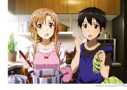  1boy absurdres asuna_(sao) black_eyes black_hair brown_eyes brown_hair female food highres kirito long_hair nishiguchi_tomoya official_art open_mouth sword_art_online 