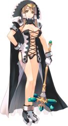  amazuyu_tatsuki breasts brown_hair cape cleavage cross-laced_slit dungeon_travelers_2 female full_body gem gloves green_eyes hand_on_own_hip highres holding hood irena_rosenmeier large_breasts long_hair looking_at_viewer official_art smile solo transparent_background wand 