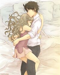  1boy bed brown_hair couple female fire_emblem fire_emblem:_kakusei frederik_(fire_emblem) hug nintendo pillow sleeping sumia sumia_(fire_emblem) takatsudon 