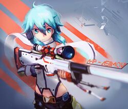  ahoge ai_arctic_warfare aqua_eyes aqua_hair bad_id bad_pixiv_id belt blurry bolt_action counter-strike counter-strike_(series) counter-strike_2 female fingerless_gloves frown gloves gun gun_decal hair_ornament hairclip holding holding_weapon messy_hair qosic rifle scarf short_hair sinon sniper_rifle solo sword_art_online twintails weapon 