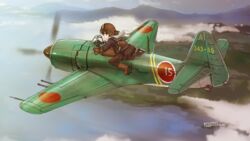  above_clouds aircraft airplane artist_name aviator_girls boots brown_eyes brown_hair brown_pantyhose cloud commentary dated female flying from_side gloves goggles goggles_on_headwear helmet highres jacket landscape long_sleeves looking_at_viewer n1k original outdoors pantyhose pleated_skirt propeller scarf school_uniform serafuku short_hair skirt sky solo tokihama_jirou vehicle_focus white_scarf 