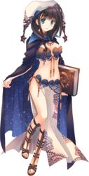  aqua_eyes aquaplus black_hair book breasts cape cleavage dungeon_travelers_2 female full_body hat highres holding looking_at_viewer medium_breasts melvy_de_florencia midriff mitsumi_misato open_mouth pelvic_curtain sandals side_slit solo standing star_(symbol) star_print transparent_background 