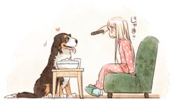  black_eyes blonde_hair bowl canine commentary_request controller couch female from_side heart long_hair long_sleeves nagatsuki_misoka original pajamas pink_pajamas polka_dot polka_dot_pajamas profile remote_control sitting sleeves_past_wrists solo 