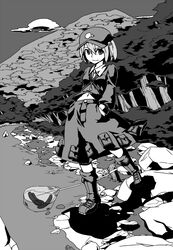  boots commentary_request female foglia_(fogpics) greyscale hat highres kawashiro_nitori monochrome solo touhou two_side_up 