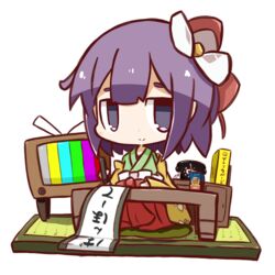  antique_phone bow calligraphy_brush chibi commentary_request female flower hair_flower hair_ornament hieda_no_akyuu japanese_clothes kimono nuu_(nu-nyu) paintbrush phone purple_eyes purple_hair rotary_phone short_hair smile solo tatami television test_card touhou writing 