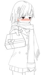  blush commentary_request female incoming_gift megane_chuu misaka_mikoto monochrome scarf short_hair simple_background skirt solo toaru_majutsu_no_index tsundere white_background 