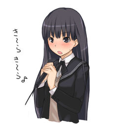  :o amagami ayatsuji_tsukasa blush commentary female kibito_high_school_uniform long_hair lowres megane_chuu microphone music musical_note open_mouth school_uniform simple_background singing solo translated white_background 