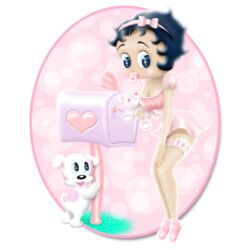  1:1 alpha_channel betty_boop betty_boop_(series) breasts canid canine canis christieluv cleavage clothed clothing domestic_dog duo female feral fur hair heart_symbol holding_object human human_focus looking_aside looking_at_viewer low_res mailbox mammal mouth_hold not_furry_focus nude object_in_mouth pacifier pacifier_in_mouth paramount_pictures plushie pudgy_(betty_boop) short_hair size_difference standing tan_body tan_skin teddy_bear white_body white_fur 