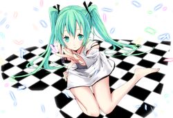  aqua_eyes aqua_hair bad_id bad_pixiv_id barefoot chika_(orange_pop) female hatsune_miku long_hair outstretched_hand solo twintails very_long_hair vocaloid 