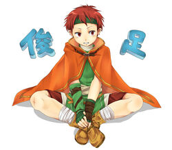  1boy bandages boots cape commentary_request fingerless_gloves fire_emblem fire_emblem:_path_of_radiance gloves headband male_focus migime1 red_eyes red_hair shorts solo tormod_(fire_emblem) tunic 