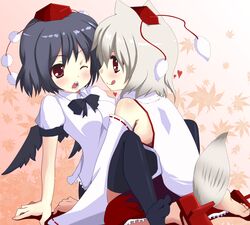  2girls :q animal_ears barefoot black_hair black_thighhighs breasts commentary_request detached_sleeves full_body geta grey_hair hat heart inubashiri_momiji kuronekogata leaf leaf_background medium_breasts multiple_girls no_bra one_eye_closed red_eyes shameimaru_aya shoes short_hair sideboob single_shoe sitting tail tengu-geta thighhighs tokin_hat tongue tongue_out touhou wariza wince wings wolf_ears wolf_tail yuri 