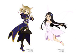  2girls absurdres animal_ears armor barefoot black_hair black_skirt black_thighhighs breastplate brown_hair cat_ears cat_girl dagger detached_sleeves dress fairy fairy_wings flower hagiwara_hiromitsu hair_flower hair_ornament hair_ribbon highres holding holding_dagger holding_knife holding_weapon knife lolicon long_hair looking_at_viewer multiple_girls official_art open_mouth pink_dress pleated_skirt red_eyes red_ribbon ribbon shadow_dagger_(sao) silica silica_(sao-alo) skirt strapless strapless_dress sword_art_online thighhighs very_long_hair weapon white_wings wings yui_(sao) yui_(sao-alo) 