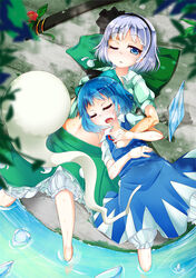  2girls bloomers blue_dress blue_eyes blue_hair bow cirno closed_eyes commentary_request dress dress_shirt flower from_above grey_hair hair_ribbon hairband hairbow hand_under_clothes hand_under_shirt hitodama ice ice_wings konpaku_youmu konpaku_youmu_(ghost) lying multiple_girls navel on_back one_eye_closed open_mouth photoshop_(medium) puffy_short_sleeves puffy_sleeves ribbon scabbard sheath shirt short_hair short_sleeves sleeping soaking_feet sweat t.o.d touhou unbuttoned underwear unworn_vest water wings 