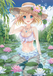  :d air_bubble aqua_eyes arm_up bad_id bad_pixiv_id bare_arms bare_shoulders barefoot bikini blonde_hair blush bow bow_bikini bracelet breasts bridge bubble caustics cleavage cloud cloudy_sky collarbone commentary_request commission day female flower frilled_bikini frills full_body gem hair_between_eyes hat hat_flower hat_ribbon highres holding holding_paintbrush jewelry lily_pad looking_at_viewer medium_breasts navel necklace open_mouth original outdoors paintbrush partially_submerged pink_flower reeds ribbon round_teeth sakura_moyon short_hair silver_ribbon sitting sky smile solo straw_hat swimsuit teeth tree wariza water_drop water_lily_flower wet white_flower willow 