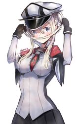  blonde_hair blue_eyes blush breasts capelet commentary_request fake_facial_hair fake_mustache female gloves graf_zeppelin_(kancolle) hair_mustache hat highres i.f.s.f kantai_collection long_hair looking_at_viewer medium_breasts peaked_cap playing_with_hair playing_with_own_hair simple_background solo twintails twitter_username white_background 