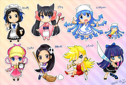  6+girls :d animal_ears arashiyama_hotori blue_hair blush_stickers bow bracelet braid branch broom chibi commentary_request crossover dress earrings elbow_gloves elysia_de_lute_ima fox_ears gloves grin gun hair_ornament hairbow ikamusume japanese_clothes jewelry kami_nomi_zo_shiru_sekai kimono maid maid_headdress mini-ikamusume multiple_crossover multiple_girls one_eye_closed open_mouth otome_youkai_zakuro oyuyamio panty_&amp;_stocking_with_garterbelt panty_(psg) pink_hair ponytail red_dress salute season_connection sherlock_shellingford shinryaku!_ikamusume short_dress shrimp siblings sisters smile soredemo_machi_wa_mawatteiru stocking_(psg) sword tantei_opera_milky_holmes tentacle_hair tray twintails vulcan_salute weapon zakuro_(otome_youkai_zakuro) 