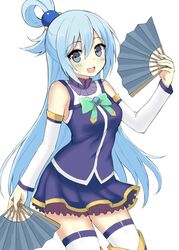  aqua_(konosuba) bare_shoulders blue_eyes blue_footwear blue_hair blue_shirt blue_skirt blue_thighhighs boots bow commentary_request detached_sleeves female green_bow hair_ornament hair_rings hand_fan highres kono_subarashii_sekai_ni_shukufuku_wo! long_hair shirt skirt solo thigh_boots thighhighs very_long_hair xingnai 