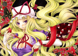  aoi_yuuka_(ao_no_kokoro) arm_warmers blonde_hair bow breasts bug butterfly choker cleavage colored_pencil_(medium) commentary_request female gap_(touhou) hairbow hands hat hat_ribbon large_breasts long_hair marker_(medium) purple_eyes red_eyes ribbon solo touhou traditional_media very_long_hair wavy_hair yakumo_yukari 