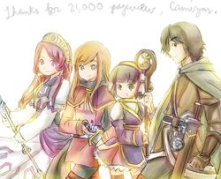  1boy 3girls bente-unerz36 commentary_request cosplay felix_(golden_sun) golden_sun jenna_(golden_sun) mia_(golden_sun) multiple_girls sheba_(golden_sun) staff sword thighhighs weapon 