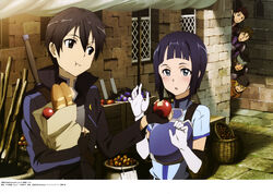  5boys absurdres apple armor black_eyes black_gloves black_hair blue_armor blush breastplate brick_wall ducker female fingerless_gloves food fruit gloves highres holding holding_food holding_fruit keita_(sao) kirito mole mole_under_eye multiple_boys official_art outdoors sachi_(sao) sasamaru_(sao) sheath sheathed short_hair sword sword_art_online sword_on_back tetsuo_(sao) toya_kento weapon weapon_on_back white_gloves 