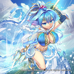  bent_knees blue_eyes blue_hair breasts cleavage closed_mouth female hair_ornament holding holding_weapon large_breasts maru_(sara_duke) midriff navel ocean original polearm ponytial sitting solo spear trident water weapon 