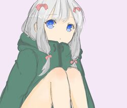  blue_eyes ero_manga_sensei grey_hair hood hoodie izumi_sagiri jacket long_hair open_mouth pink_background ribbon solo tagicrabbu 