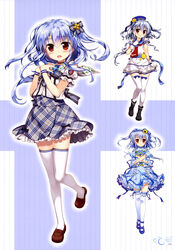  absurdres anemone_(flower) black_bow blue_dress blue_hair blue_hat boots bouquet bow bow_legwear card choker dress eyebrows female flower food frilled_legwear fruit fujima_takuya gloves grey_hair grey_skirt hair_between_eyes hair_flower hair_ornament hair_ribbon hairband hat highres holding holding_bouquet holding_card kagamihara_azumi leg_up long_hair long_sleeves looking_at_viewer multiple_views one_side_up open_mouth orange_(fruit) orange_slice petticoat plaid plaid_skirt puffy_short_sleeves puffy_sleeves red_eyes ribbon ribbon-trimmed_clothes ribbon_trim rose scan school_uniform serafuku shirt shoes short_sleeves skirt smile standing standing_on_one_leg striped striped_ribbon thighhighs two_side_up white_gloves white_legwear wrist_ribbon yellow_flower yellow_rose z/x zettai_ryouiki 