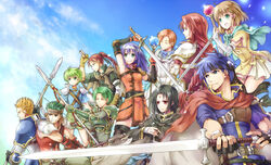  3girls 6+boys :o ahoge armor bare_shoulders belt black_hair blonde_hair blue_eyes blue_hair blue_sky blush boyd_(fire_emblem) brown_hair cape capelet closed_eyes cloud commentary_request day detached_sleeves facial_mark fingerless_gloves fire_emblem fire_emblem:_path_of_radiance fire_emblem:_radiant_dawn gatrie_(fire_emblem) gloves green_eyes green_hair grin hair_tubes hairband headband ike_(fire_emblem) long_hair mia_(fire_emblem) miniskirt mist_(fire_emblem) multiple_boys multiple_girls orange_hair oscar_(fire_emblem) polearm ponytail red_eyes red_hair rhys_(fire_emblem) rolf_(fire_emblem) serious shinon_(fire_emblem) short_hair short_sleeves skirt sky sleeveless smile soren_(fire_emblem) spear staff sword takana_(srplus) titania_(fire_emblem) weapon 