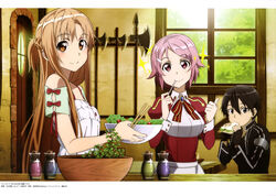  1boy 2girls absurdres adachi_shingo asuna_(sao) black_eyes black_gloves black_hair bowl brown_eyes brown_hair chopsticks day eating fingerless_gloves food freckles gloves hair_ornament hairclip halberd highres holding holding_food indoors kirito light_brown_hair lisbeth_(sao) long_hair looking_at_viewer multiple_girls official_art pink_eyes pink_hair plant polearm red_eyes salad sandwich short_hair smile sparkle sword_art_online weapon weapon_on_wall window 