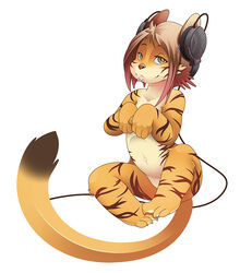  2015 ambiguous_gender anthro b-ern brown_hair electronics facial_piercing felid fur hair headphones lip_piercing mammal nude orange_body orange_fur pantherine paws piercing simple_background snakebite_piercing solo stripes tiger white_background yellow_eyes young young_ambiguous young_anthro 