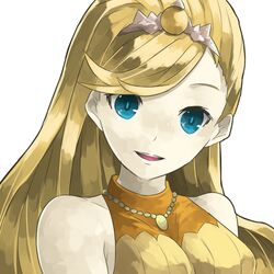  bare_shoulders blonde_hair blue_eyes cinderella_(p&amp;d) commentary_request dress female jewelry long_hair mosamune necklace open_mouth orange_dress puzzle_&amp;_dragons simple_background sleeveless sleeveless_dress smile solo tiara upper_body white_background 