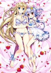  2girls absurdres ankle_cuffs ankle_ribbon babydoll barefoot bed_sheet blonde_hair blue_eyes blue_hair blue_ribbon bra breasts choker cleavage collarbone eyebrows flower frilled_bra frilled_panties frills from_above front-tie_top fujima_takuya groin hair_flower hair_ornament hairband highres holding_hands interlocked_fingers kagamihara_azumi leg_ribbon long_hair looking_at_viewer lying medium_breasts multiple_girls navel on_back open_bra open_mouth panties red_flower red_rose ribbon rigel_(z/x) rose scan small_breasts smile strapless strapless_bra underwear underwear_only very_long_hair white_background white_hairband white_panties yellow_flower yellow_rose z/x 