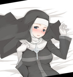  blue_eyes blush breasts commentary_request female gloves habit large_breasts lying megane_chuu nun on_back orsola_aquinas smile solo toaru_majutsu_no_index traditional_nun 